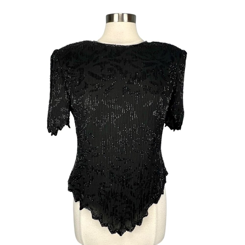 Vintage Laurence Kazar Womens Black Beaded Silk Formal Top Short Sleeves size L